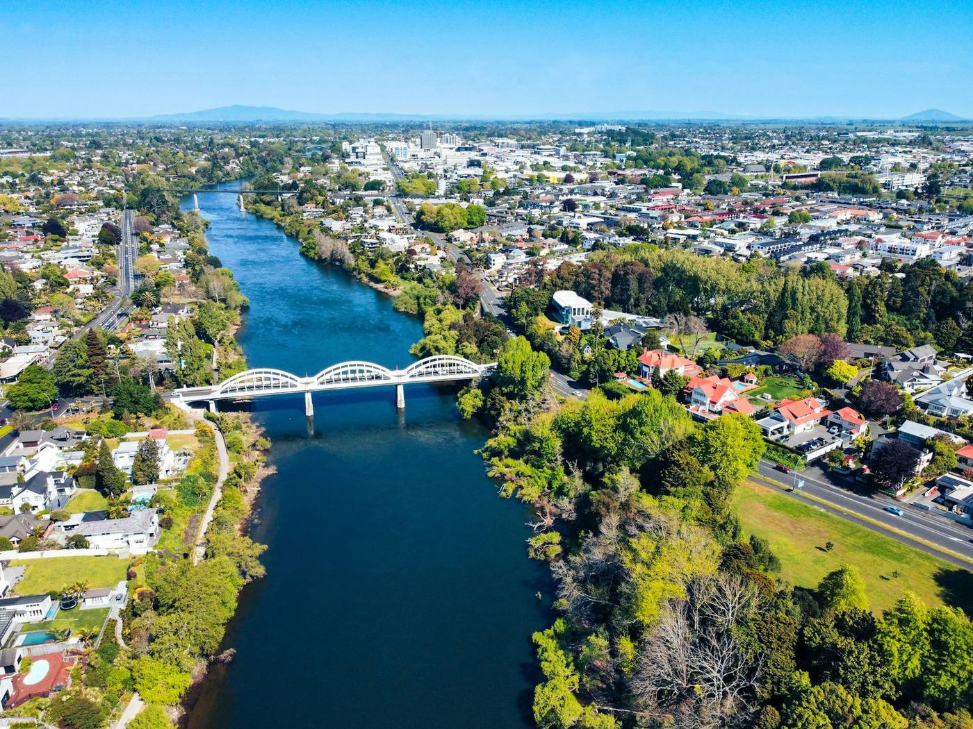 The Waikato River running through Hamilton